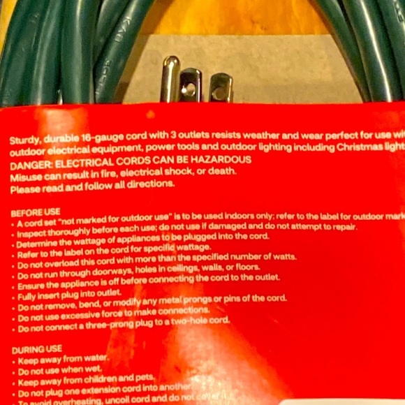 New! Convenience 3 Outlet Electrical Cord 20 Feet Outdoor & Indoor Green - Picture 4 of 5